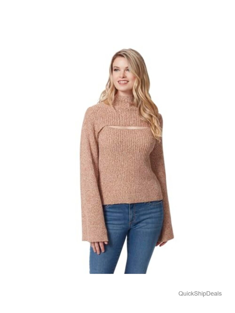 Women's Cut Out Funnel Neck Sweater Pullover Long Sleeve Ribbed Knit